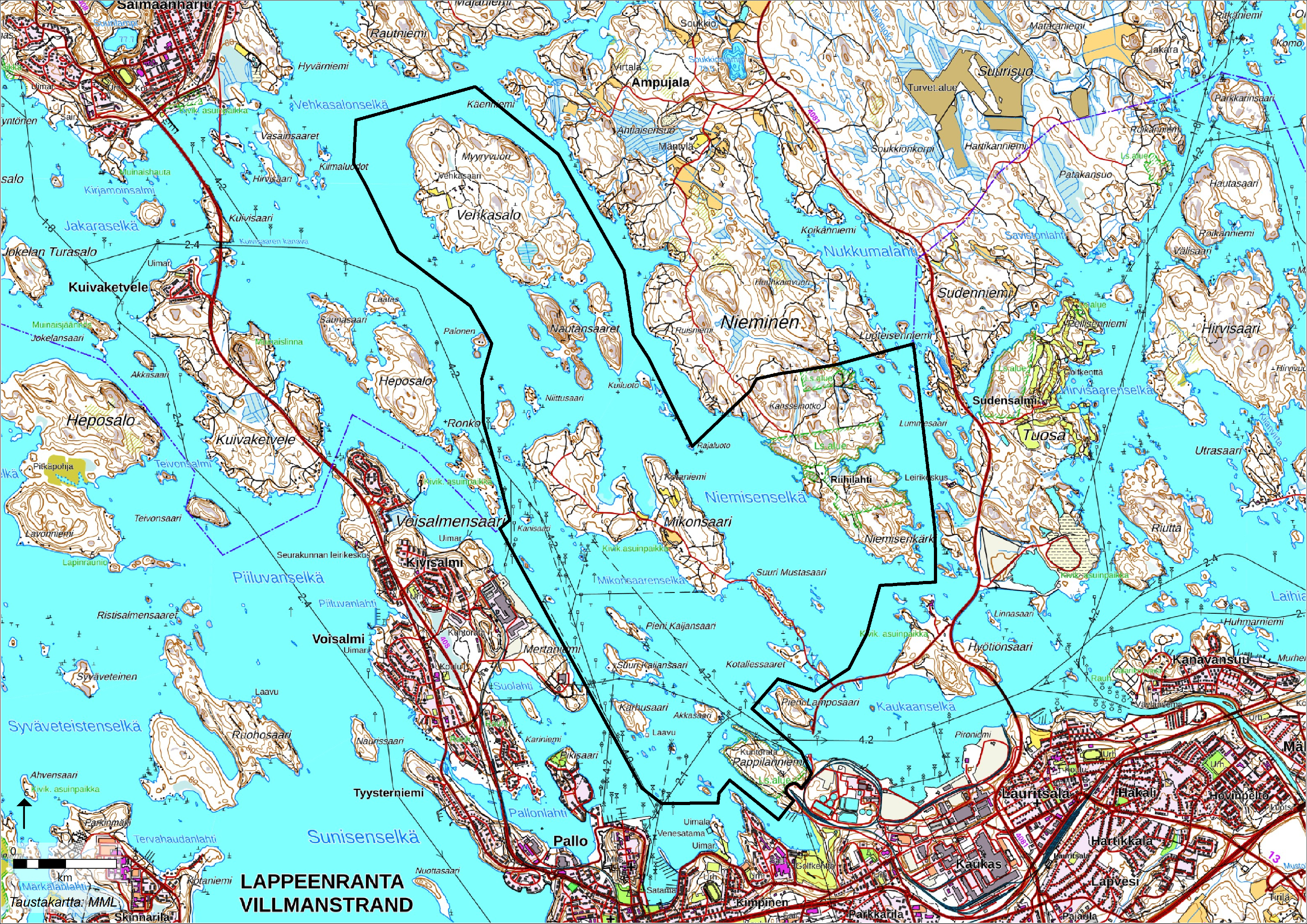 Suunnittelualueen rajaus Maanmittauslaitoksen maastokartalla.